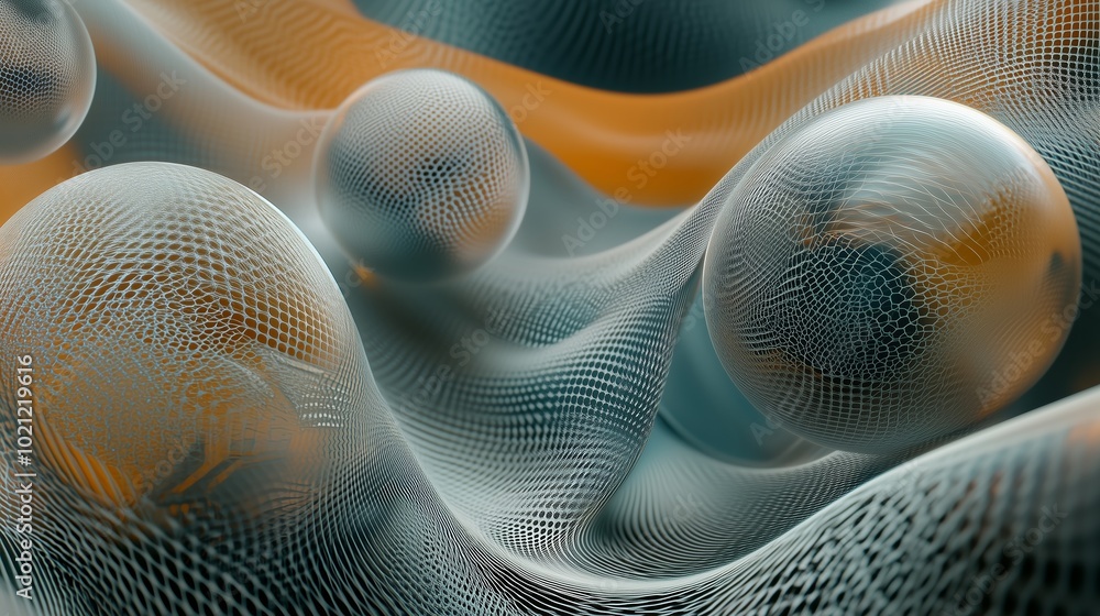 Poster intricate abstract design featuring smooth spheres on a wave-like mesh surface in a blend of soft co