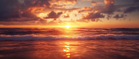 Obraz premium Breathtaking sunset over a tranquil ocean with vibrant colors reflecting on the water's surface.