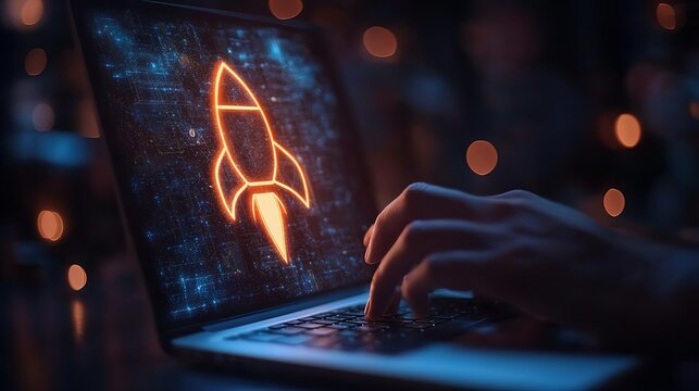 Businessman use laptop with virtual screen of rocket icon and arrow up for fast start up business, Strategic planning and business success, Startup business concept