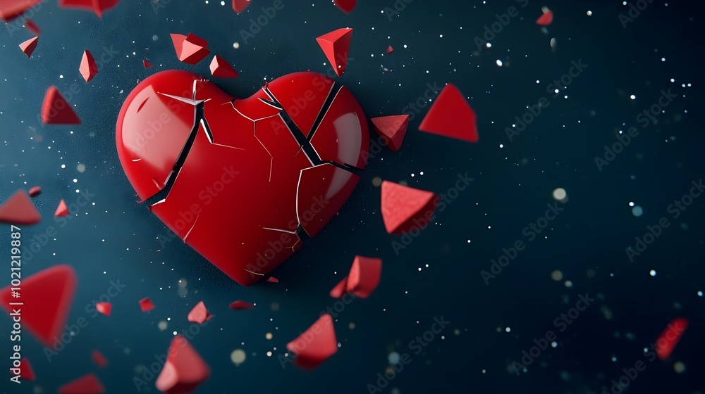 Poster fragmented heart in cosmic isolation - a poignant reflection on sadness amidst space debris and star