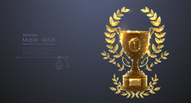 Golden digital trophy with laurel wreath, symbolizing victory and achievement. Futuristic low poly design, representing excellence and recognition in sports, business, or competition. Vector