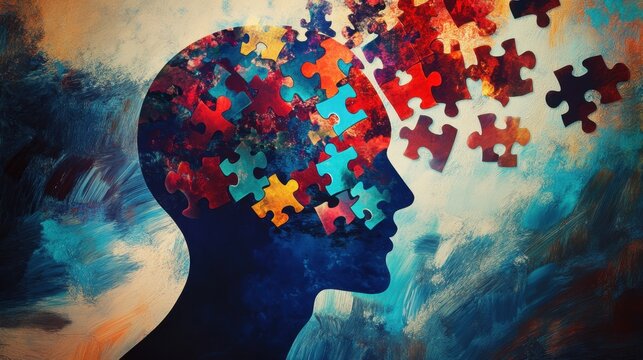 A human head in profile, with scattered puzzle pieces representing inner conflict and manipulation, on a striking, colorful background.