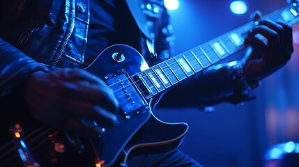 Obraz premium A Guitarist's Hands Playing an Electric Guitar Under Blue Stage Lights