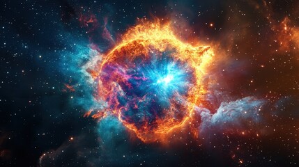 Vibrant cosmic nebula with fiery orange and cool blue hues in a vast starry universe.