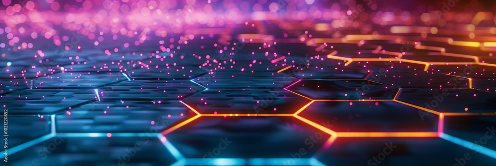 Poster futuristic digital cyber tech background wallpaper, neon-lit hexagonal grid with particle effects an