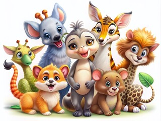 Naklejka premium Adorable Cartoon Animals in Playful Poses Perfect for Children’s Books and Fun Illustrations