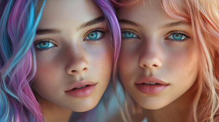 Obraz premium Two Girls with Blue Eyes and Colorful Hair, Digital Illustration