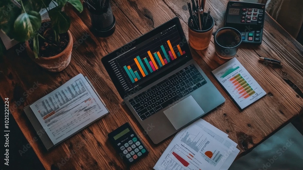 Poster modern office workspace with data charts and tools