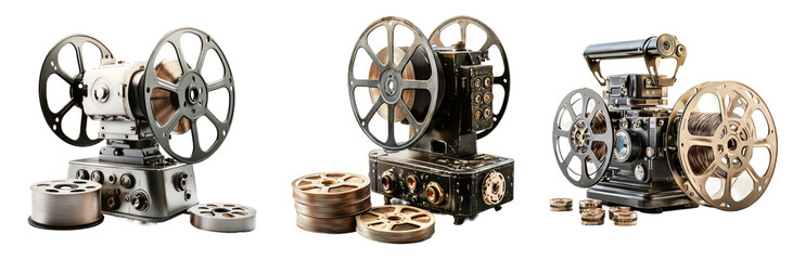 Fototapeta premium Vintage Film Projectors with Film Reels Displayed Isolated on Transparent Background