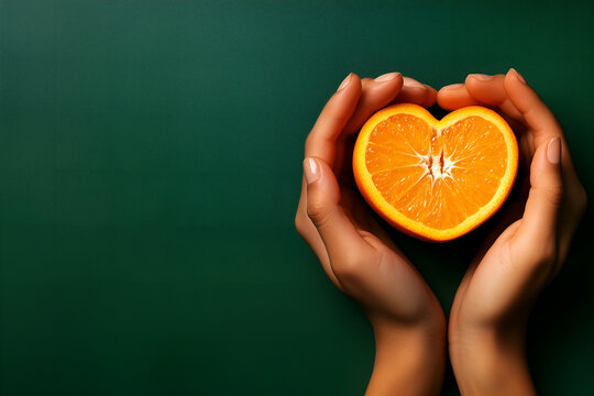 close up of an orange holded by human hands; heart shape fruit as a symbol of vegetarian, vegan, healthy organic raw diet; slice of fruit isolated over natural green background