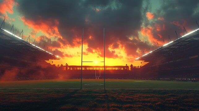 A dramatic sunset casts vibrant colors over a rugby field, framed by stadium lights and goalposts, creating a captivating sports atmosphere.