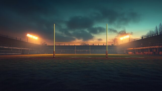 A misty twilight scene of a rugby stadium, featuring goal posts illuminated by stadium lights, creating an atmospheric backdrop for sports.