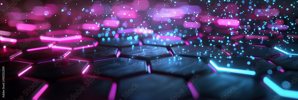 Poster futuristic digital cyber tech background wallpaper, neon-lit hexagonal grid with particle effects an