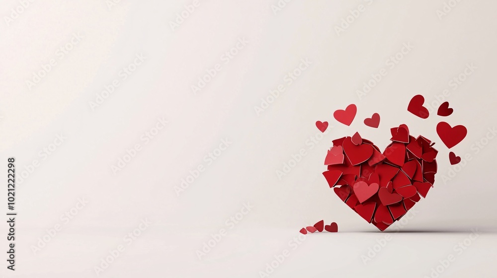 Poster torn heart fragmentation - flat design illustration of a broken heart with scattered pieces in a mod