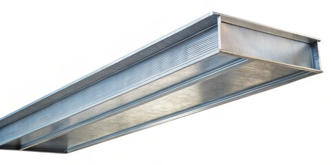 Obraz premium A silver metal structural beam isolated on a white background. The beam has a slightly corrugated texture and a smooth, metallic finish.