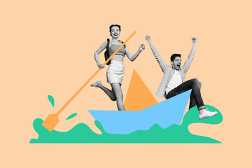 Composite collage picture image of funny young couple travel enjoy summer vacation ship voyage...