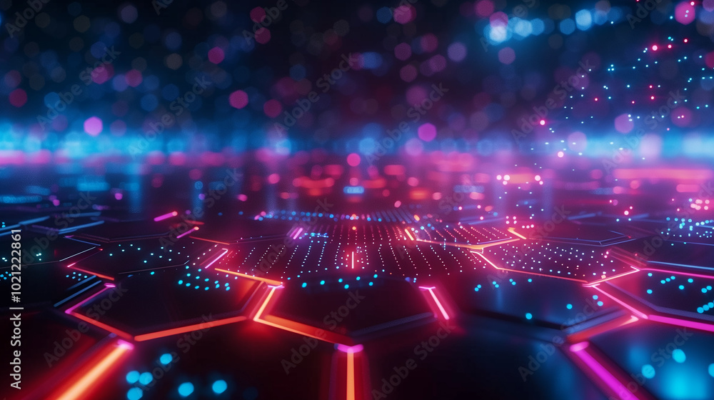 Poster futuristic digital cyber tech background wallpaper, neon-lit hexagonal grid with particle effects an