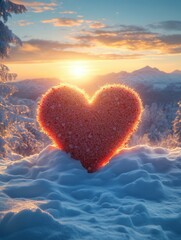 Fototapeta premium A heart-shaped decoration made of flowers rests on a blanket of snow, illuminated by a vibrant sunset. The colorful glow contrasts with the serene winter landscape of distant mountains and evergreen t