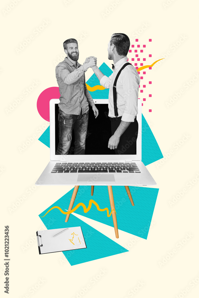 Poster vertical composite collage image picture of two mini men handshake inside laptop screen isolated on 