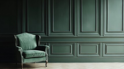  Chair in green empty room with classic wall panels frames. Studio mockup with dark modern luxury design. 
