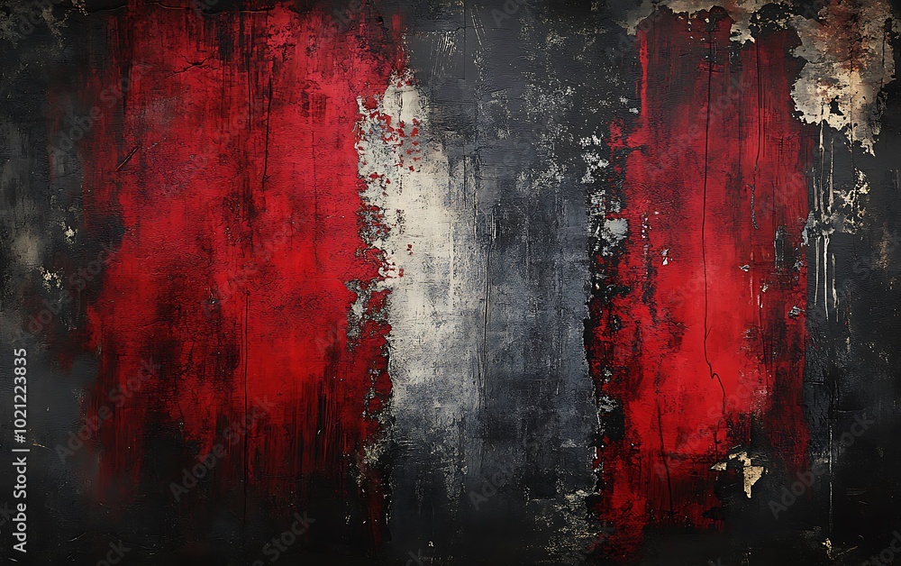 Poster abstract artwork featuring bold red and white streaks against a dark, textured background, creating 