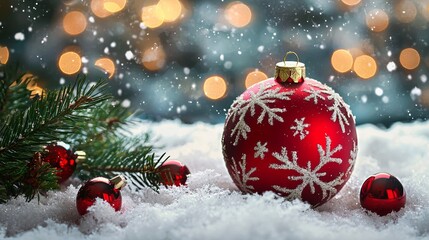 Close-up of red Christmas ornament in snow with holiday lights
