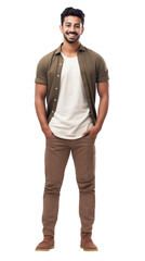 Fototapeta premium Cheerful young arabian man in casual outfit, isolated on transparent background. Full body portrait of smiling male model posing confidently. Design element for advertising, social media post