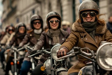 Fototapeta premium Female bikers with vintage motorcycles lined up on International Female Ride Day