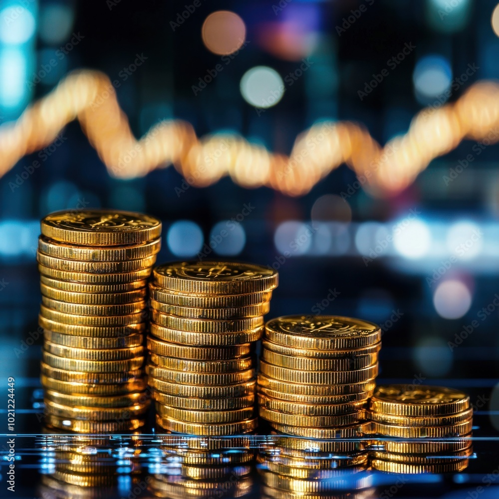 Poster stack of gold coins on a reflective surface with a blurred graph in the background.