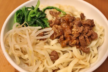 Japanese cuisine: lamb aburasoba (dry noodle dish) in Tokyo, Japan