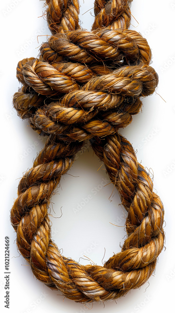 Poster Detailed Close-Up of Rustic Rope Knot with Strong Texture and Twisting Pattern Isolated on White Background for Maritime Nautical Concepts and Craftsmanship