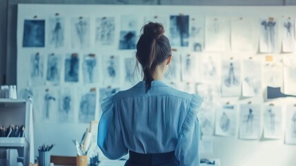 Obraz premium A fashion designer reviewing sketches in a studio with a pastel blue artistic background that enhances creativity and focus