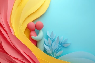 This artwork features a colorful composition with a couple embracing, crafted from layered paper designs. The background showcases a blend of warm and cool tones, creating a harmonious and inviting at