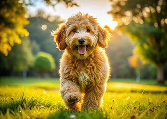 Fototapeta premium Adorable Goldendoodle Playing in the Park - Cute Puppy with Curly Fur and Happy Expression, Perfect for Pet