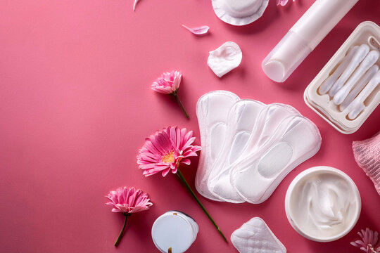 productos de higiene femenina sobre fondo rosa, concepto de cuidado femenino, mujeres saludables