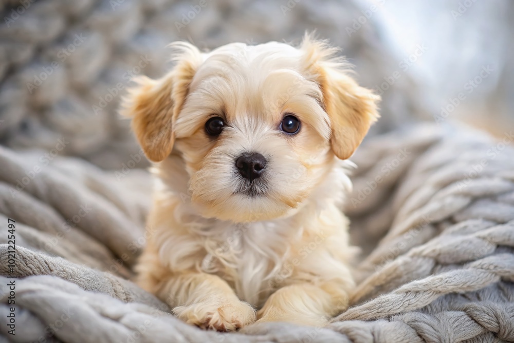 Poster adorable golden maltese puppy sitting on a soft blanket with a playful expression and bright eyes