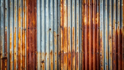 A rustic corrugated metal surface displays the passage of time through the layers of oxidation and rust