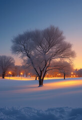 Snow-Covered Park Path at Twilight. Winter Park Scene with Glowing Lanterns