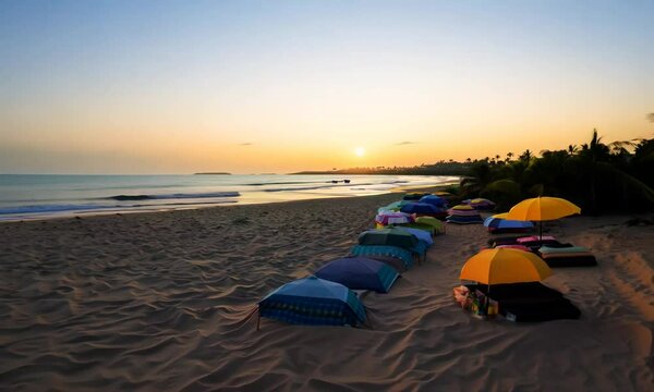 Beach Sunset with Colorful Umbrellas
