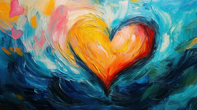The artwork features a large, vivid heart at its center, blending warm yellows and oranges with cool blues.