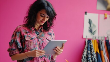 A fashion designer sketching ideas on a tablet, with a solid pink background emphasizing creativity and boldness in the workspace
