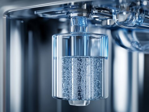 Close-up of a Clear Inline Refrigerator Water Filter with Visible Water Bubbles