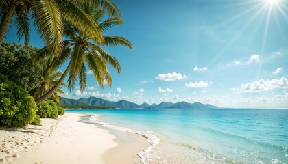 Idyllic Tropical Beach Paradise With Swaying Palm Trees And Turquoise Ocean Under Bright Sunlight