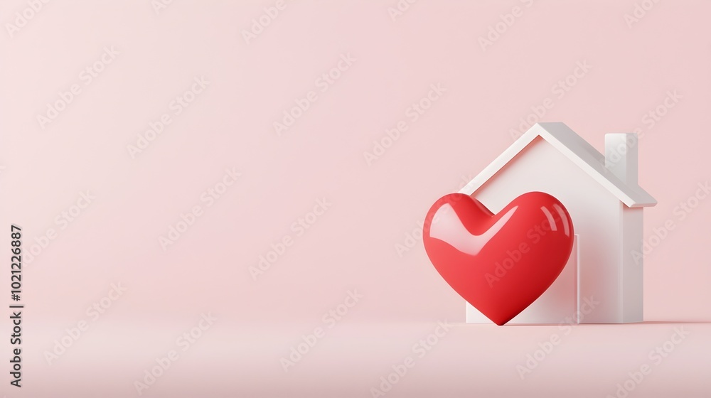 Poster dynamic 3d heart and house figure - modern interactive design with realistic textures and bold artis