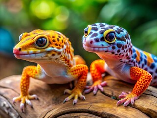 Fototapeta premium Adorable Leopard Geckos with Vibrant Colors and Unique Patterns in a Naturalistic Setting