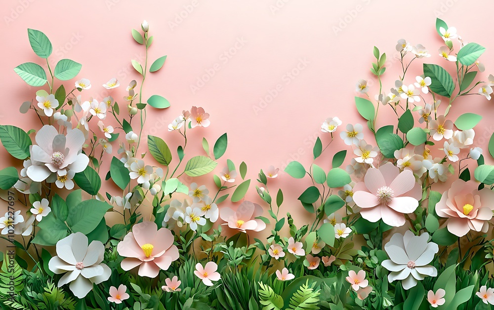 Poster a beautiful arrangement of colorful paper flowers and greenery against a soft pink background, creat