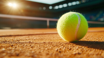 Close-up of a tennis ball on a clay court at sunset