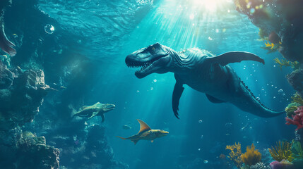 Fototapeta premium Ancient marine reptiles swimming in a vibrant ocean scene