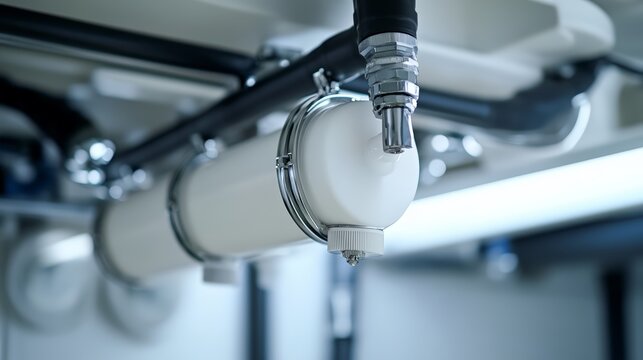 Closeup of a White Inline Water Filter Attached to a Plumbing System