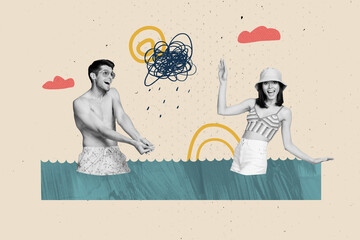 Composite photo collage of two happy man girl couple honeymoon travel swim ocean scribble rain...
